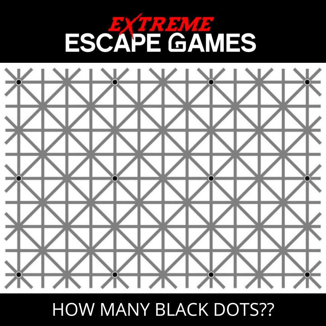 ExtremeEscape's tweet photo. Take a good, hard look at the image above. No matter how long you stare, there is a flutter of black dots that glitter at the intersections of the gray lines. It seems like there are only three or four of them at a time, but in reality there are 12. https://t.co/ZPWYs58txT