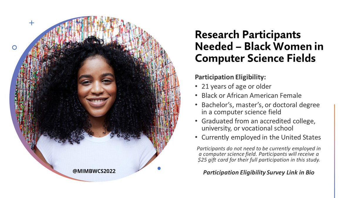 mimbwcs2022's tweet photo. Research Participants Needed! Participant eligibility survey link in bio. #computerscience #computing #compsci #coding #softwareengineer #softwaredeveloper #blackincomputing #blackinSTEM #STEM #diversifySTEM #phd #phdlife #MIMBWCS2022 https://t.co/IdL1HiB2cy