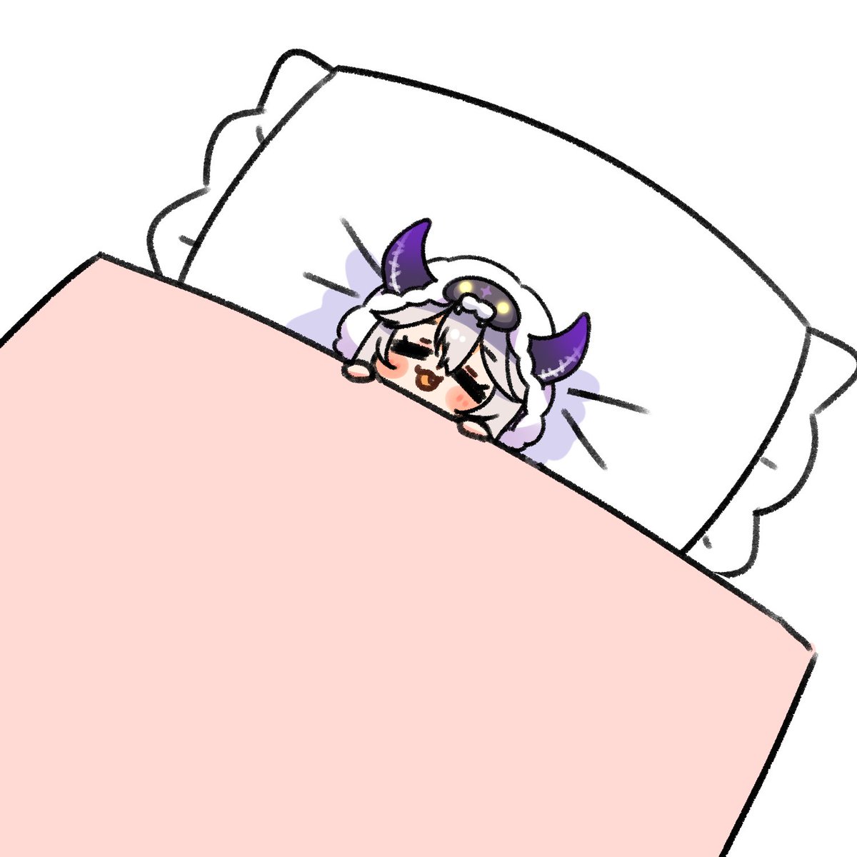 1girl horns solo pillow under covers chibi closed eyes  illustration images