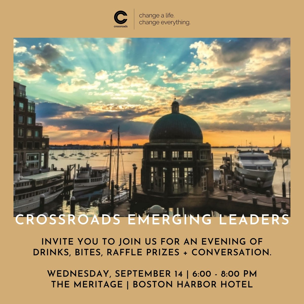 crossroads4kids's tweet photo. Crossroads Emerging Leaders invite you to join us for an exciting evening of refreshments, raffle prizes, and conversation overlooking the Boston Harbor!

Wednesday, September 14
6:00 - 8:00 pm
The Meritage at the Boston Harbor Hotel

Register: https://t.co/1NCxCHrqbK https://t.co/4nWHNydEXe