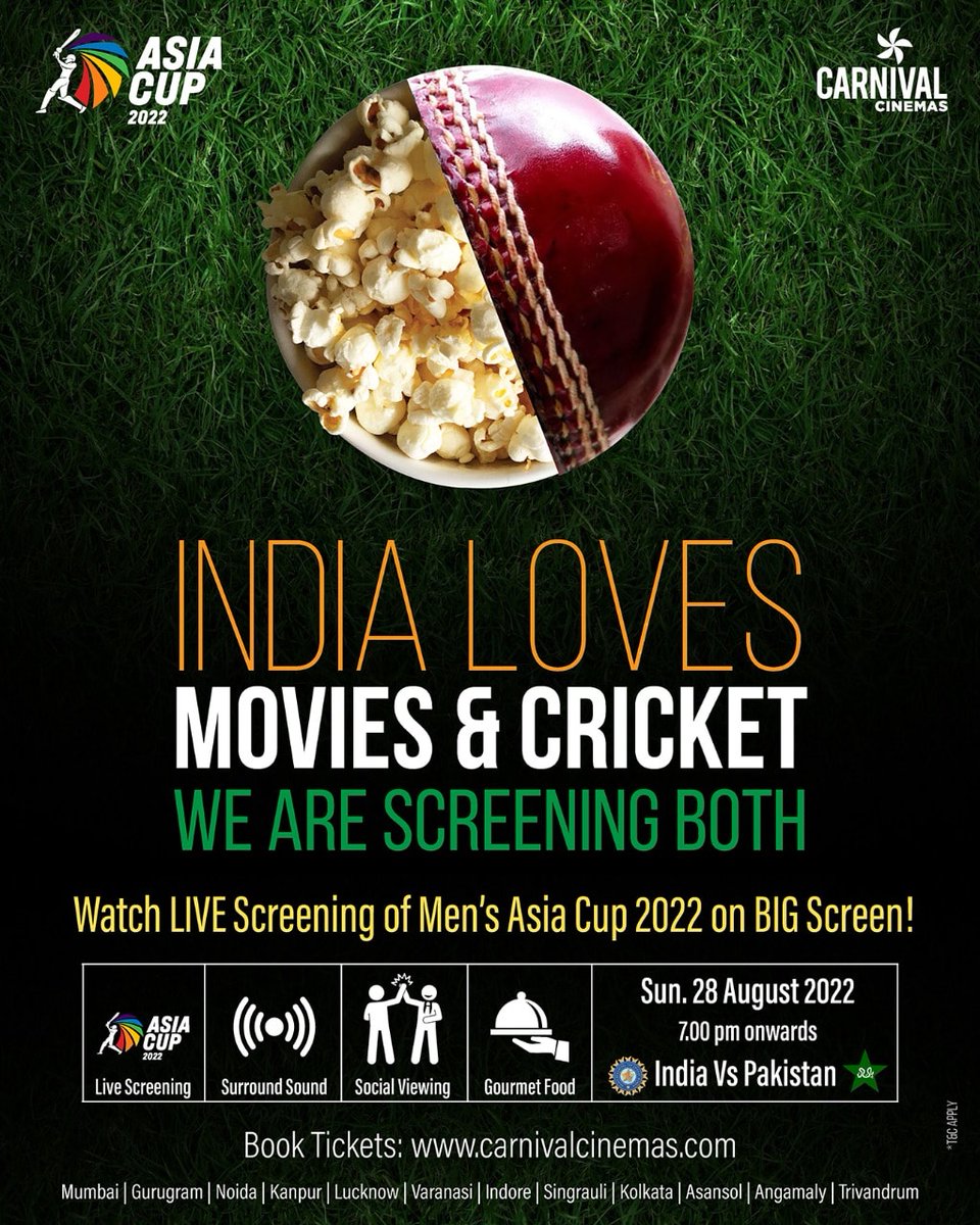 CarnivalCin's tweet photo. Mauka Mauka 🇮🇳 vs🇵🇰
Now watch Asia Cup 🏆 2022 [Live] at Carnival Cinemas 😍

28th August, Sunday, 7.00 PM

Log on to https://t.co/TOqUXtdcfZ to book tickets

#asiacup2022 #indvspak #maukamauka #live #cricket #weekend #cricketfever #backtothegame #carnivalcinemas  #comecelebrate https://t.co/J50Nj7AohS