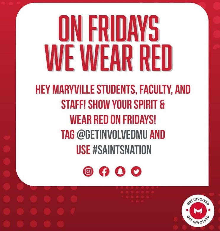 GETinvolvedMU's tweet photo. On Fridays we were RED!! Go #SaintsNation #GetInvolvedMU https://t.co/xJMQZK1O1d