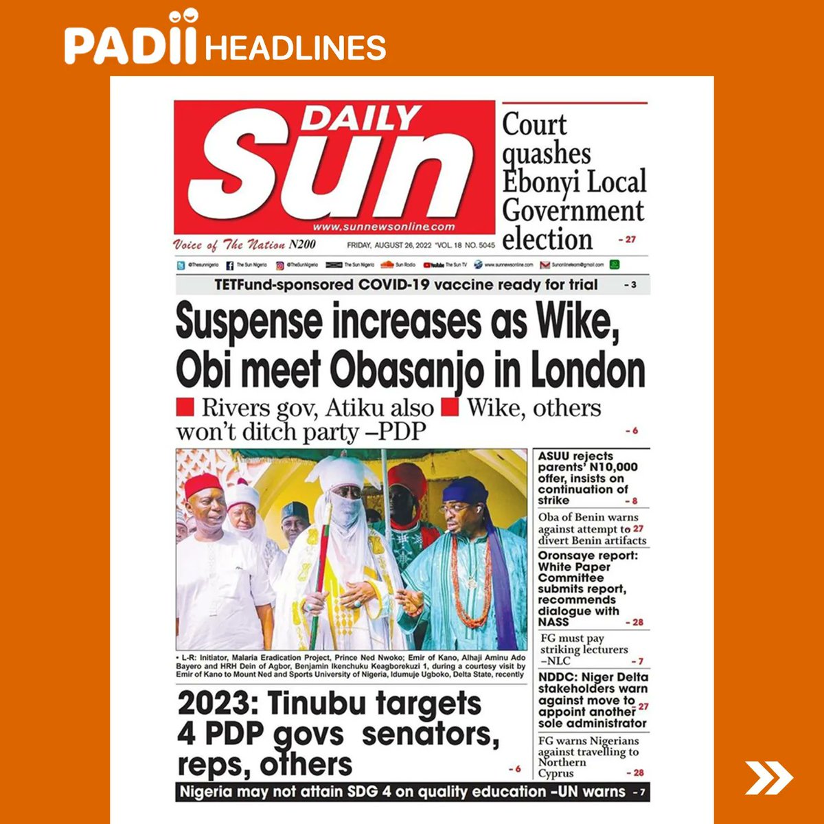 PadiiRadio's tweet photo. Headlines in today's newspapers - Friday, 26th August 2022.

#PADIIRadio
#PADIIfm
#PADIInews
#news
#headlinenews
#politics
#business
#apcprimaries
#lagos
#nigeria https://t.co/CTJo1U5oBT