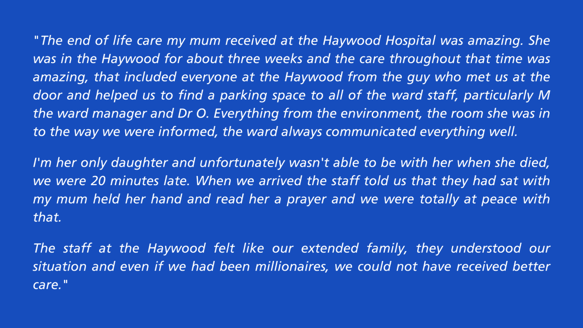 mpftnhs's tweet photo. #feedbackfriday is from the Daughter of a patient who received end of life care at Haywood Hospital, Tunstall, part of our Staffs &amp; Stoke Care Group. Well done #TeamHaywood! 👏 Truly living #MPFTValues #Respectful #CaringAndCompassionate #ListenAndEngage #HonestAndTrustworthy 💙 https://t.co/RzJxcz3LJJ