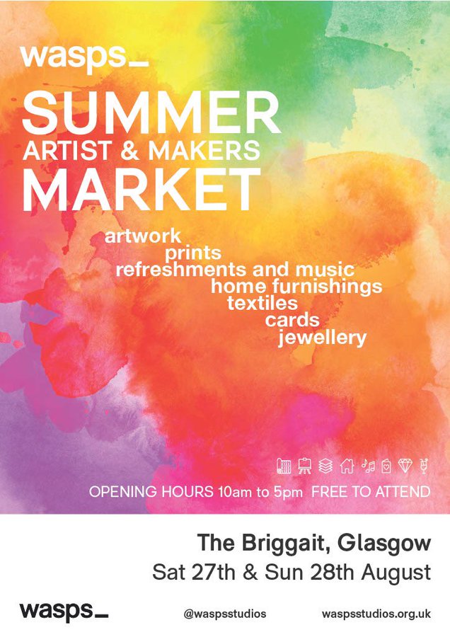 sca_net's tweet photo. Don't miss the @waspsstudios Artist and Makers Market, at our gaff in the Briggait #Glasgow, this weekend August 27-28 10-5pm...
#OwnArt #WaspsMarket #WhatsOnGlasgow https://t.co/2xFtc21Fbd