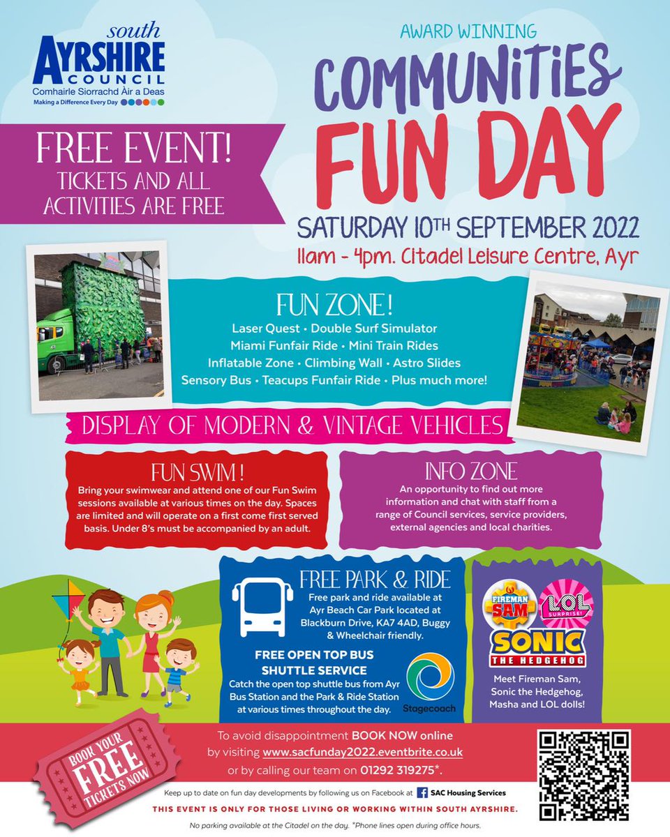 sahscp's tweet photo. The South Ayrshire Communities Fun Day is back 😎 Enjoy a FREE fun day out on Saturday 10th September 2022. 

Book your free tickets now by calling our team on 01292 319275 (during office hours) or book them online at https://t.co/ohqJu8anlt https://t.co/st25zB987H
