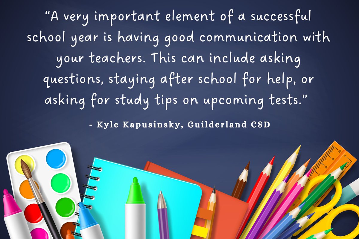 NYS Education Department (@nysednews) on Twitter photo “A very important element of a successful school year is having good communication with your teachers. This can include asking questions, staying after school for help, or asking for study tips on upcoming tests.” - Kyle Kapusinsky, <a href="/GuilderlandCSD/">Guilderland Schools</a> #TeacherTips #BackToSchool “A very important element of a successful school year is having good communication with your teachers. This can include asking questions, staying after school for help, or asking for study tips on upcoming tests.” - Kyle Kapusinsky, <a href="/GuilderlandCSD/">Guilderland Schools</a> #TeacherTips #BackToSchool