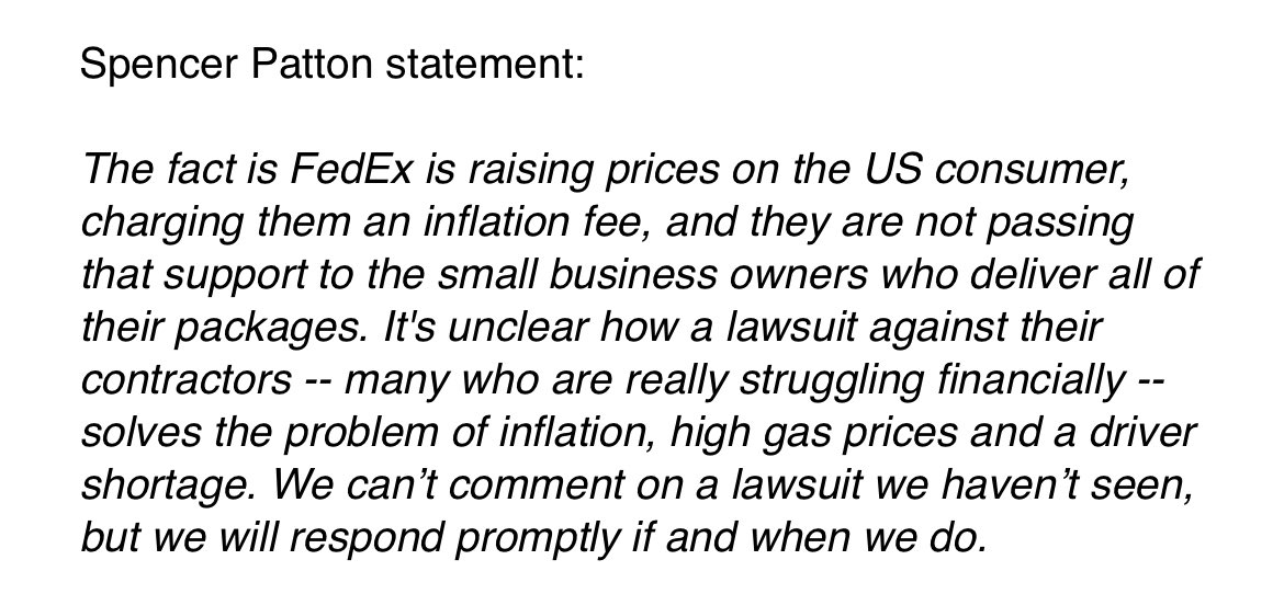 FrankCNBC's tweet photo. UPDATE: Statement from $FDX contractor being sued for “misrepresentation”. Spencer Patton planning #purpleFriday protest stopping delivery by #BlackFriday I’d not given more compensation. @cnbc https://t.co/iQhU9COwDI