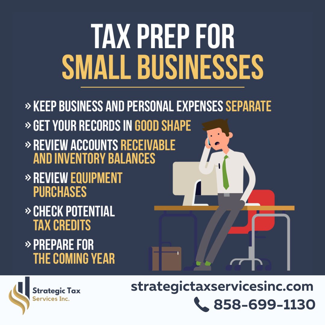 StrategicTaxInc's tweet photo. Tax Prep For Small Businesses:

Keep business and personal expenses separate
Get your records in good shape
Review account receivable and inventory balances
Review equipment purchases
check potential tax credits
Prepare for the coming year

https://t.co/kzGmG6UEPE
#taxpreparation https://t.co/T1AqAJ0J59