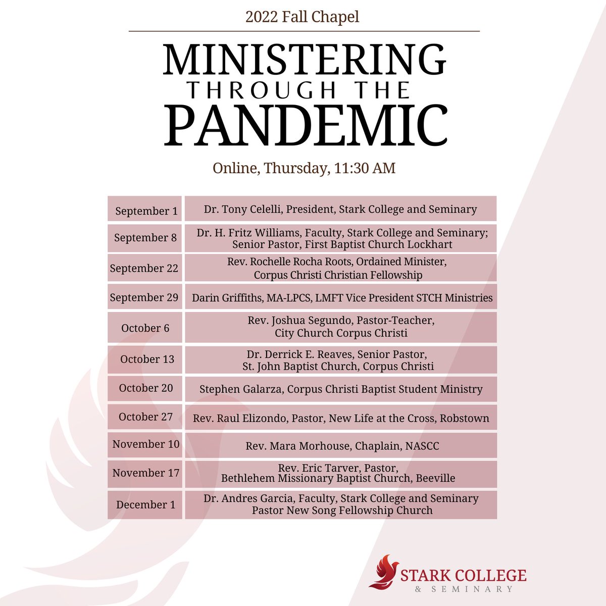 starkcollege's tweet photo. Stark College and Seminary announces the Online Chapel Schedule. Chapel begins on September 1, 2022. 

For more information visit: https://t.co/jWTjp6YG49

#answerthecall

#starkcollegeandseminary https://t.co/Og7phfuUjf