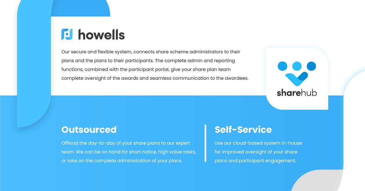 Howells_Tech's tweet image. Which Sharehub is right for you? Self-served or Outsourced?

Self-Service - cloud-native system for improved oversight &amp;amp; efficiency of your shareplans, to use in-house.

Outsourced - Offload the day-to-day of your share plans to our expert team.

#shareplans #shareplanadmin