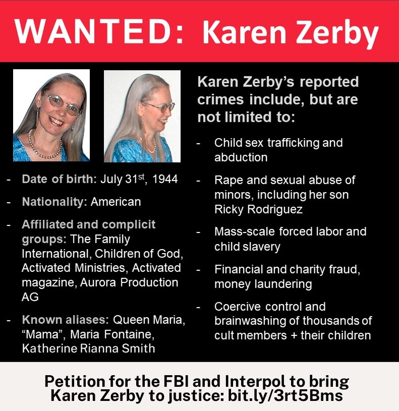 cogtfisurvivors's tweet photo. We #cogtfisurvivors are petitioning the FBI to investigate Karen Zerby, to protect both children still trapped in the cult and the communities the cult operates in. From child sex trafficking to rape, Karen Zerby must answer for her crimes! https://t.co/LkgyUDGEP7 https://t.co/HCjZJFk3NY