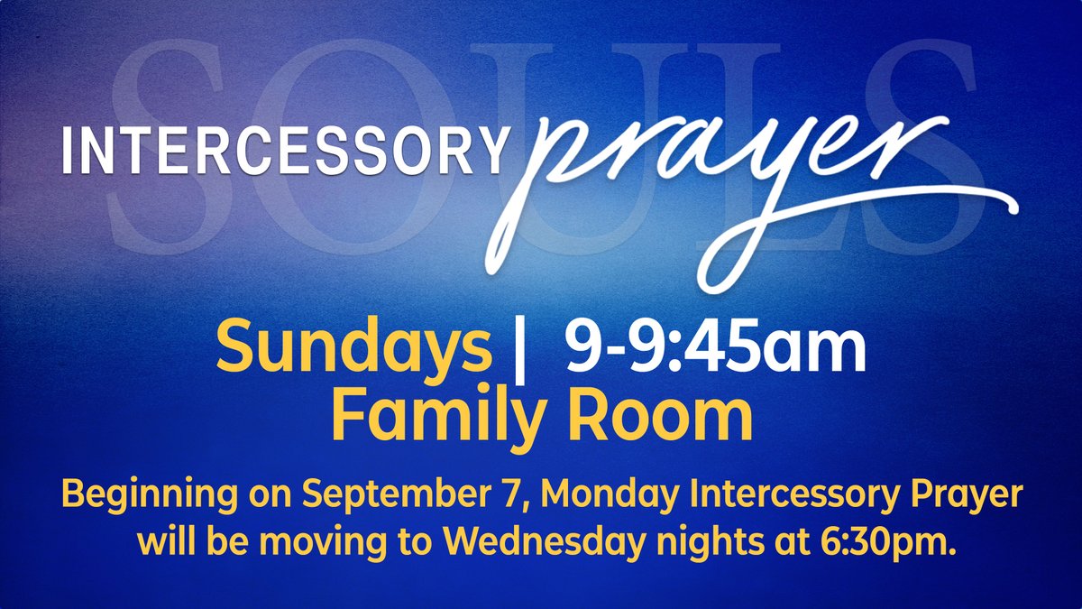 JDM_CC's tweet photo. Just a reminder that the Family Room will be open on Sunday from 9-9:45 AM for Intercessory Prayer. Come and go as you feel led. Families welcome. 

Also, beginning September 7, Monday night Intercessory Prayer will be moving to Wednesday nights at 6:30 PM.

#PrayerWorks #JDMCC https://t.co/JUNkQFNf0M