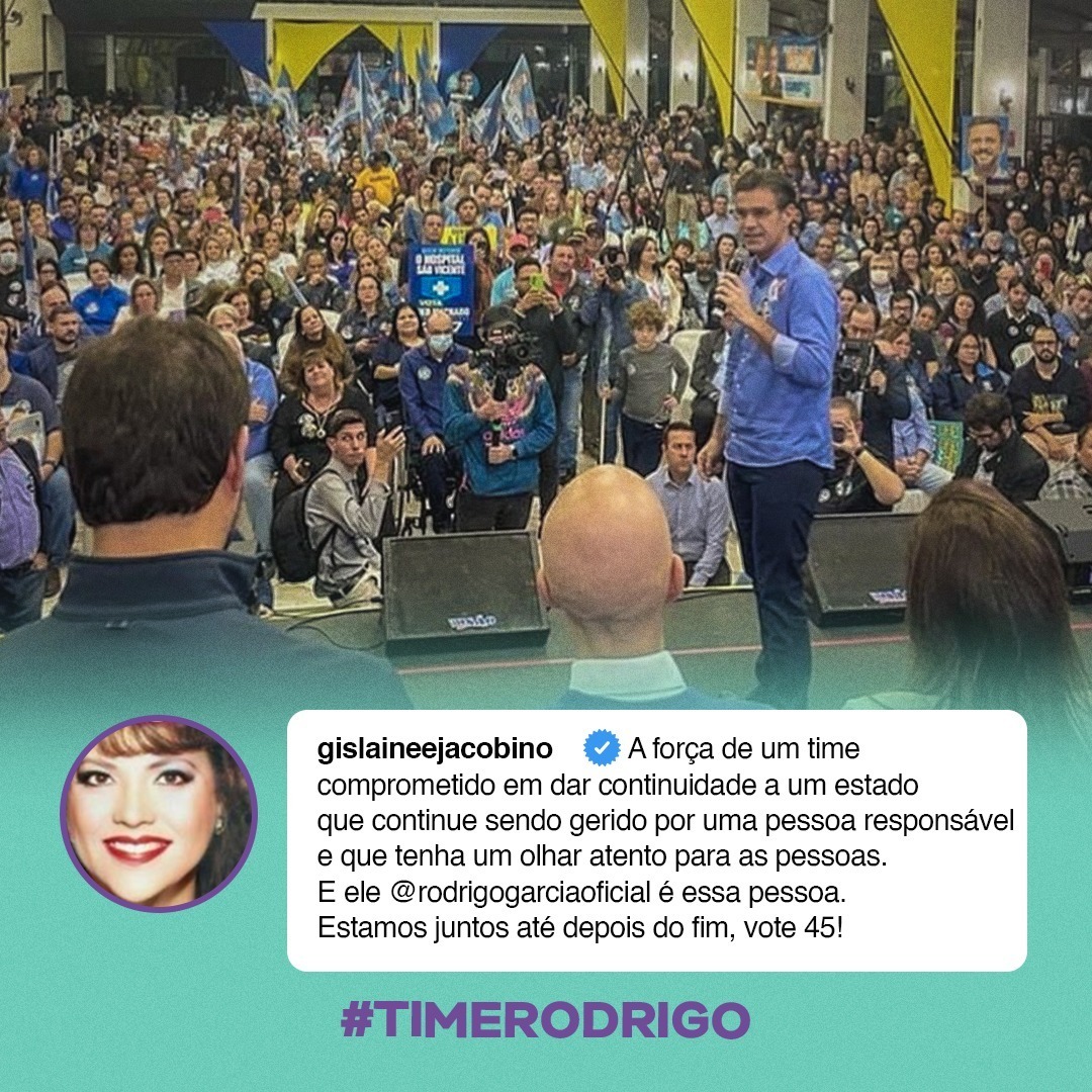 time_rodrigo's tweet photo. Obrigado pelas palavras, @gisjacobino45! Seu apoio é muito importante para nós 🙏

Vamos juntos! 4⃣5⃣ #Rodrigo45 #RodrigoGarcia #GovernadorIndependente #TimeRodrigo https://t.co/uKV9GemMU7