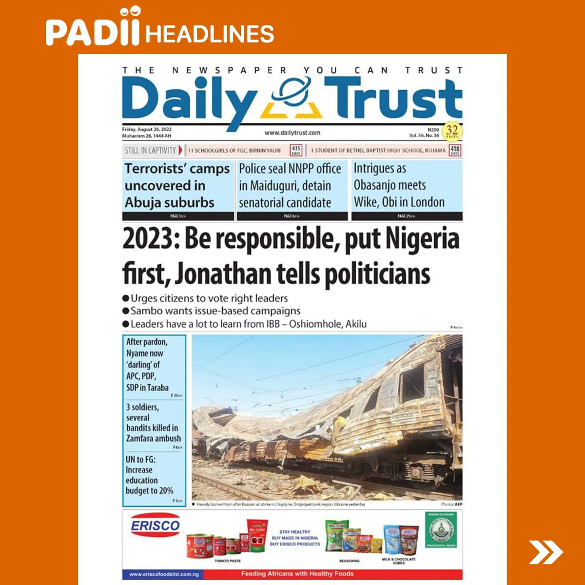 PadiiRadio's tweet photo. Headlines in today's newspapers - Friday, 26th August 2022.

#PADIIRadio
#PADIIfm
#PADIInews
#news
#headlinenews
#politics
#business
#apcprimaries
#businessday
#lagos
#nigeria https://t.co/yBxazCNOm4