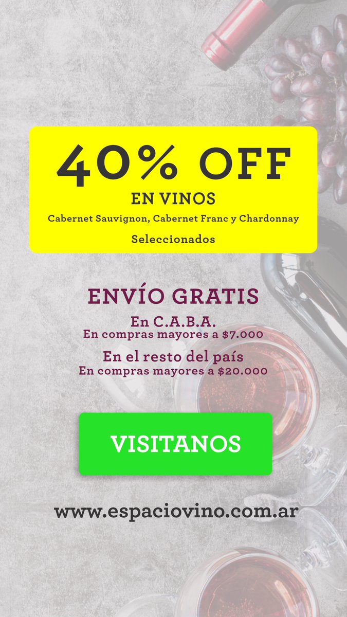 40% OFF
En vinos Cabernet Sauvignon, Cabernet Franc y Chardonnay seleccionados

Compralos acá:
espaciovino.com.ar/landing/40-Off…

#Vinotinto #vino