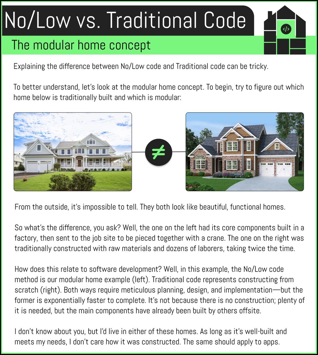 One of my buddies is curious about a career switch to web development. Rather than applying to a CS program, I think he should dive in from the #NoCode end. 

I made this example for him to understand the difference between No/Low and Traditional code. What do you guys think?