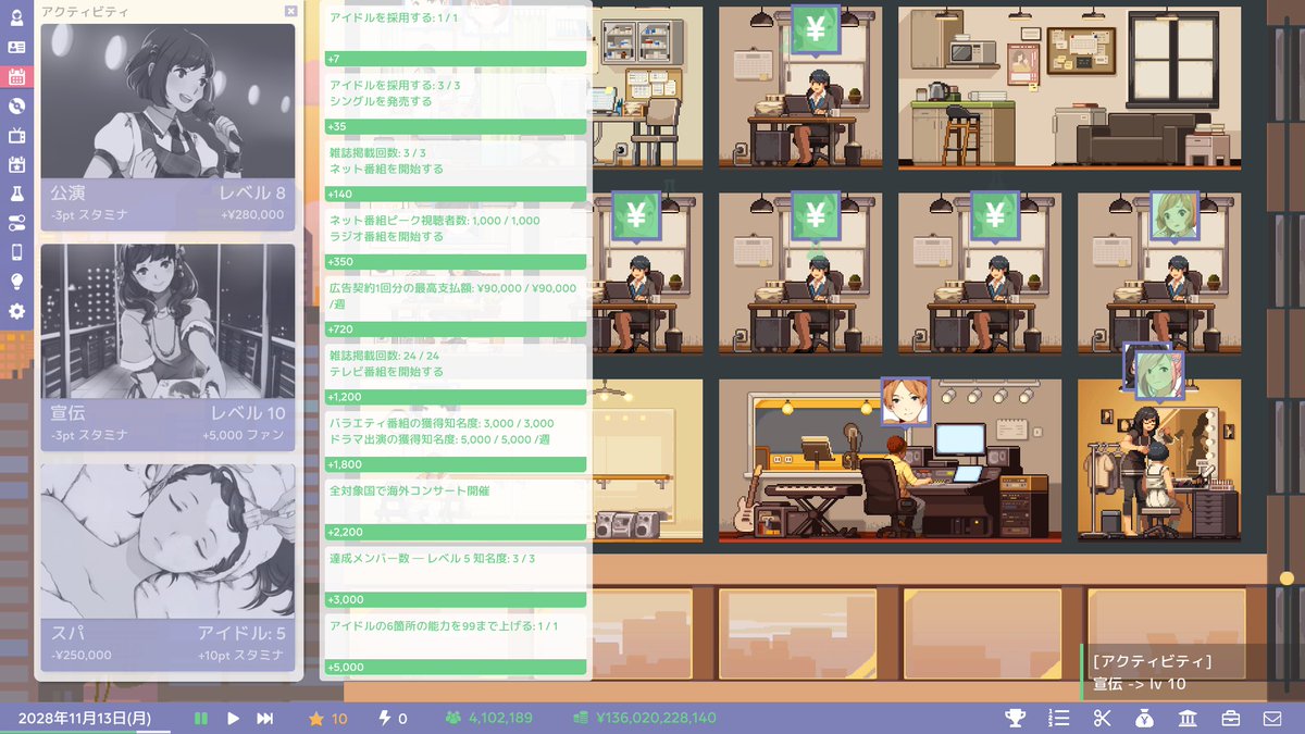 Matcha_gamecn's tweet photo. 配信後、実績解除したくて遊んでたんだけど…星来がやってくれましたー☺️✨ステ６か所、99達成で宣伝10解放できたあああ🎉嬉しみ
マーケティングも広告とか口コミであっさり300万枚売れたので満足！とっても楽しかった🎤

#アイドルマネージャー #経営シム https://t.co/oC6ajFOMKf