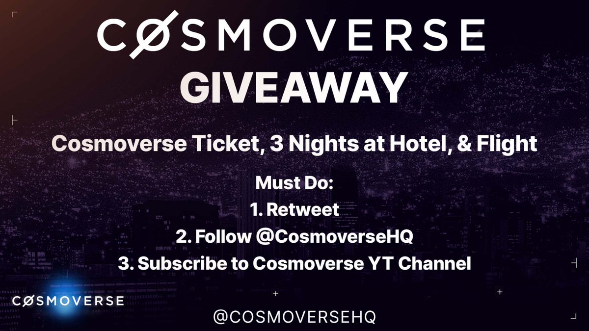Cosmoverse | Cosmos Conference (@cosmoversehq) on Twitter photo Big Cosmoverse Giveaway ⚛️🥳
We are paying for your hotel + flights to Medellin 🇨🇴
Steps to win:
✅ Retweet this tweet
✅ Follow us <a href="/CosmoverseHQ/">Cosmoverse | Cosmos Conference</a>
✅ Subscribe to Cosmoverse Youtube: shorturl.at/GQTU0
Winner will be announced August 31st! ⌛️ Big Cosmoverse Giveaway ⚛️🥳
We are paying for your hotel + flights to Medellin 🇨🇴
Steps to win:
✅ Retweet this tweet
✅ Follow us <a href="/CosmoverseHQ/">Cosmoverse | Cosmos Conference</a>
✅ Subscribe to Cosmoverse Youtube: shorturl.at/GQTU0
Winner will be announced August 31st! ⌛️