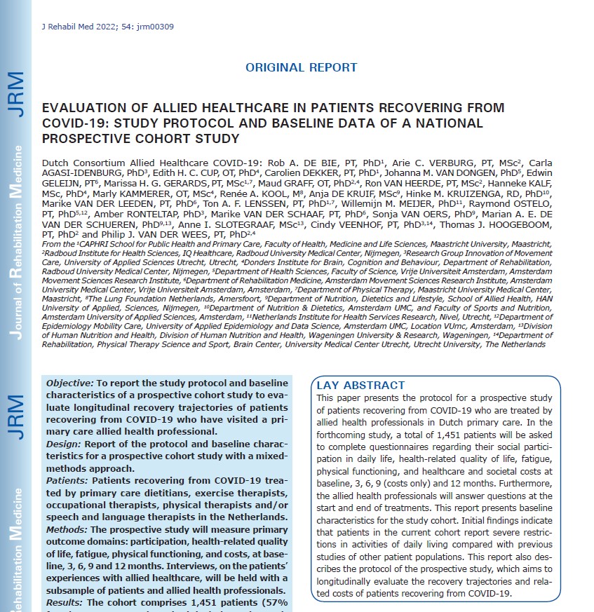 Recently Published: Evaluation of Allied Healthcare in Patients Recovering from Covid-19: Study Protocol and Baseline Data of s National Prospective Cohort Study by de Bie et al. medicaljournalssweden.se/jrm/article/vi… #COVID19 #alliedhealthcare #rehabilitation #primarycare