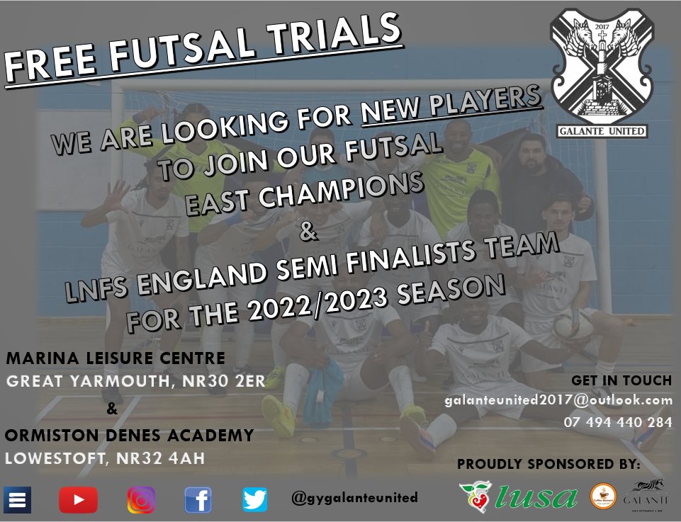 👀OPEN FREE TRIALS - PLAYERS WANTED📢
We are looking for players aged 16+ to join our squad for the 2022/2023 season
We will be playing in @LNFSengland East Division, 
Training Sessions will be run on weekly basis

FOR FURTHER INFORMATION PLEASE DROP US A MESSAGE 

1.2.3.GALANTE