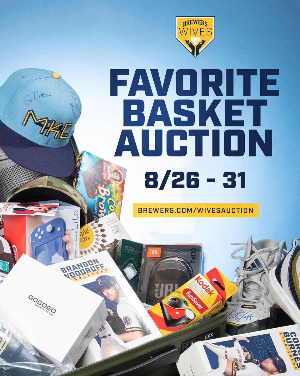 Brewers's tweet photo. The Brewers Wives Annual Basket Auction is BACK!

Each basket is made up of their husbands' favorite things and includes at least one signed item.

Online bidding is available now through 8/31: https://t.co/vsgj5uaELV https://t.co/a19eorqw5R