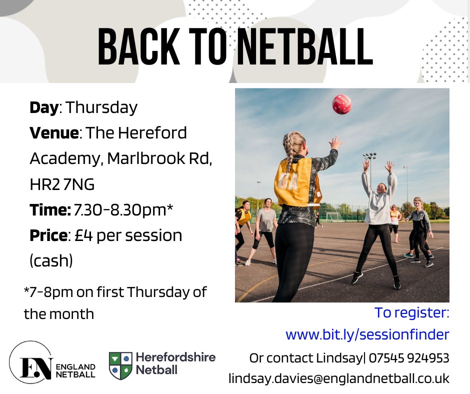 There is just 1️⃣ week to go until Back to Netball returns to Hereford. 

Sessions are run by the wonderful <a href="/AnnaRob32182963/">Anna Robertson</a>, West Midlands Coach of the Year 2022, and she can't wait to welcome you!
