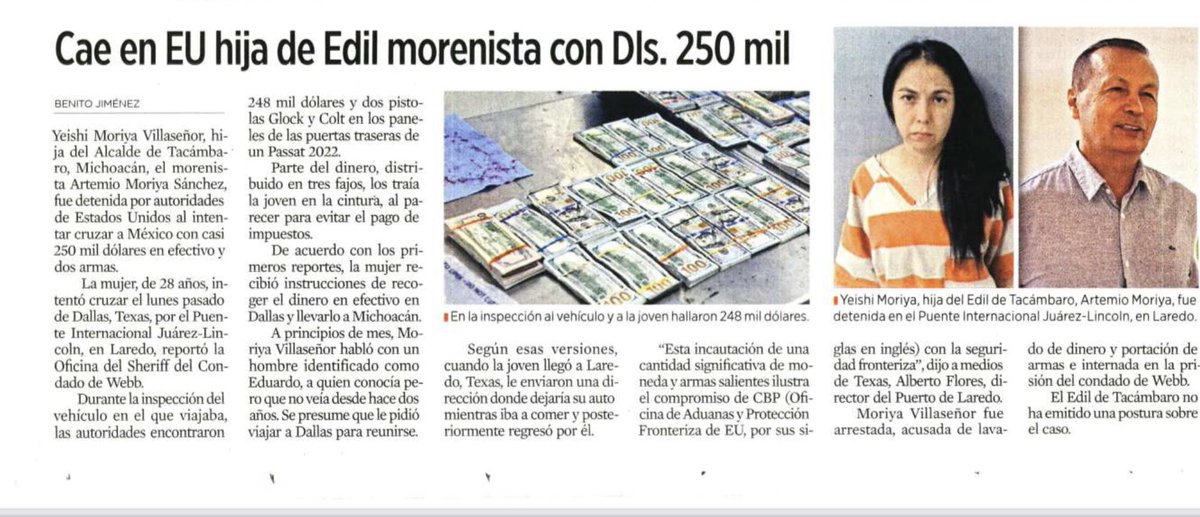 IDMendieta's tweet photo. Y Morena dando la nota internacional. 
Hija del edil de Tacámbaro, Mich.(del partido Morena) la aduana de USA le decomisó $248 mil dls en efectivo y dos armas. 
Cartón @CartonCalderon 
Nota @Reforma https://t.co/yJOROoe6XG