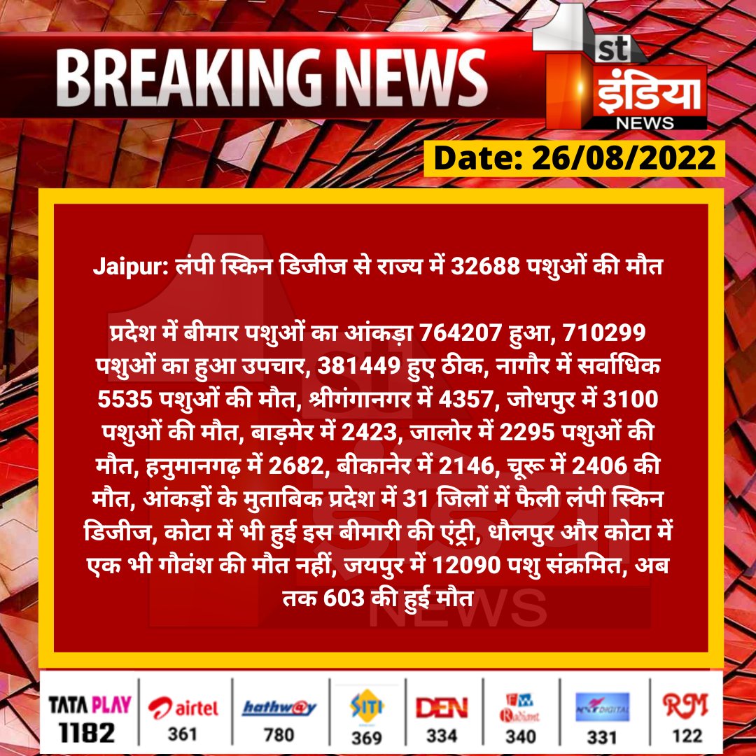 1stIndiaNews's tweet photo. #Jaipur: लंपी स्किन डिजीज से राज्य में 32688 पशुओं की मौत

प्रदेश में बीमार पशुओं का आंकड़ा 764207 हुआ, 710299 पशुओं का हुआ उपचार...

@KatariaLalchand @RajGovOfficial @kashiram_journo https://t.co/yHjrHQkP3U