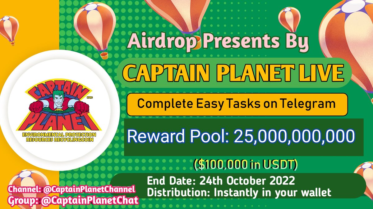 🔰 Airdrop Presents By: Captain Planet

🎉  Reward Pool: 25,000,000,000 $EPRC $100,000 in Usdt Pool
💸 Value: 240 $EPRC $400 Usdt
🪐 Referral: 30 $EPRC $50 Usdt
⏳ Distribution: Instantly
💎 Ratings: ⭐️⭐️⭐️⭐️⭐️

🔗 Airdrop Link &amp; Information 
t.me/airdrop_Presen…
