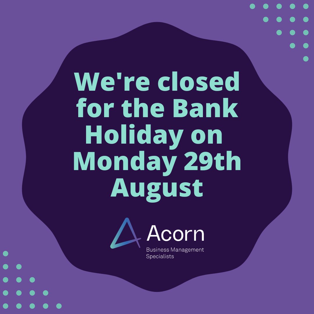 Acorn_BMS's tweet photo. A reminder that our offices will be closed on Monday for the Bank Holiday and will re-open as normal on Tuesday 30th August https://t.co/j2spNxAbYx