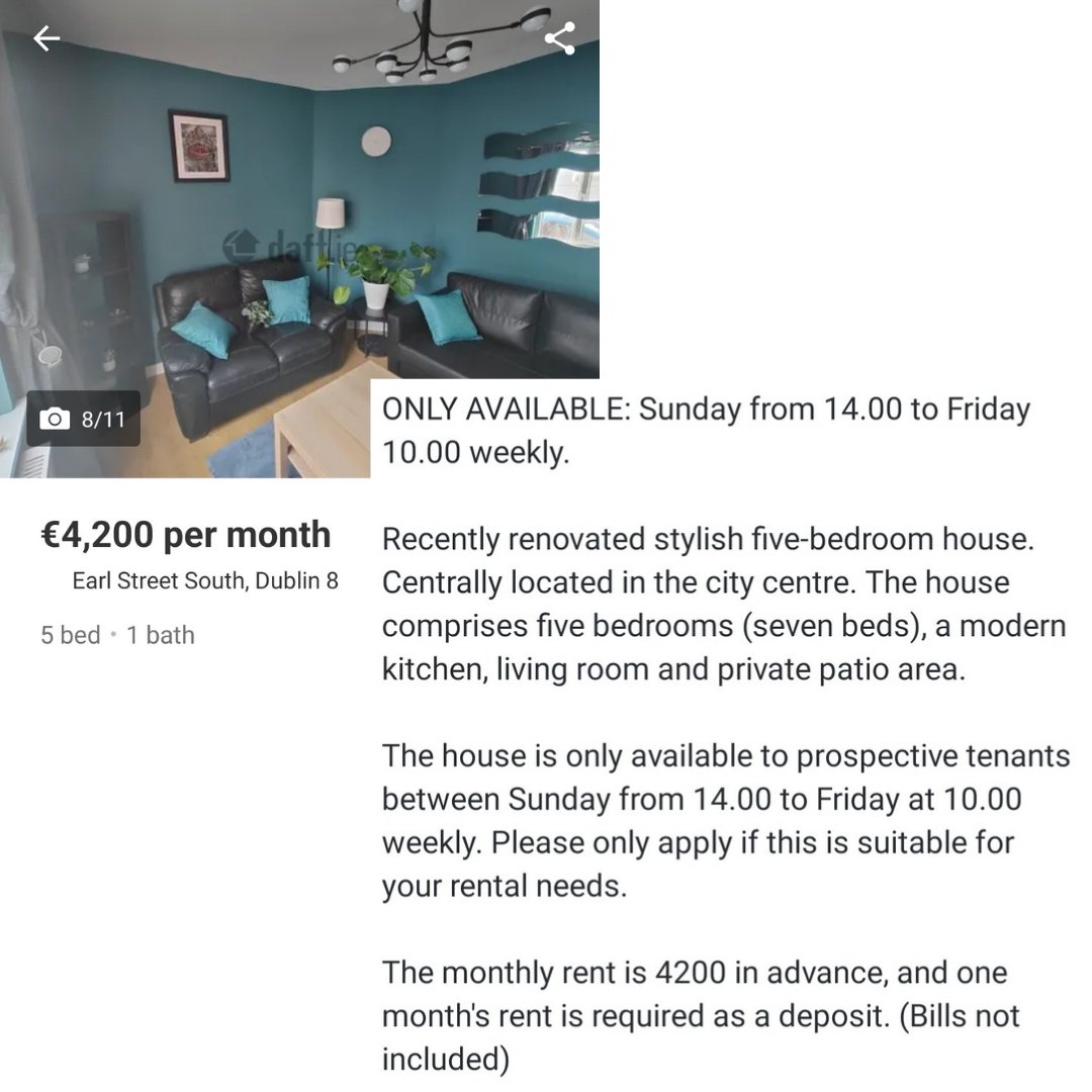 crazyhouseprice's tweet photo. - €4,200/month
- You're only allowed stay there less than 5 days a week - it's only available from 2pm on Sunday to 10am on Friday - what the f**k?
- The €4,200 doesn't include bills.

Sent in to me by one of my followers. This is outrageous. #crazyhouseprices https://t.co/e2DiCQuS9l