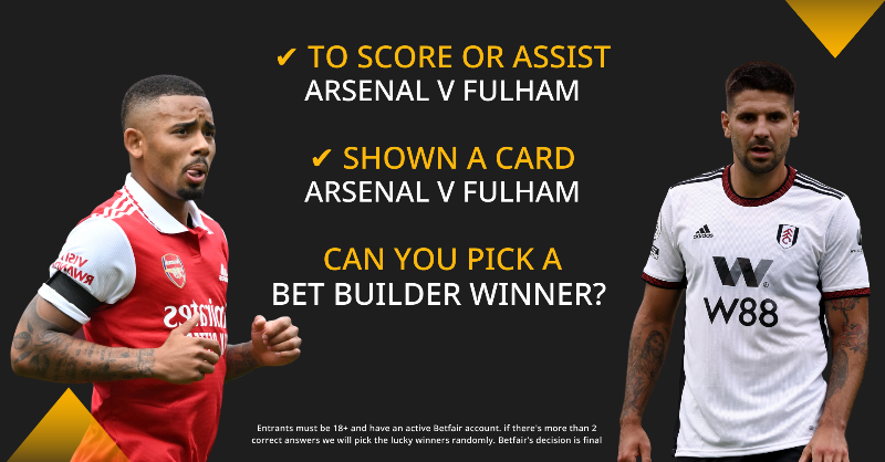 Betfair's tweet photo. 🧱 BET BUILDER COMP!

In addition to us offering a completely FREE £2 Bet Builder on ANY Premier League game this weekend...

We're also giving away 2 x £25 free bets!

To be in with a chance of winning RT &amp; reply:

⚽️ Player to Score or Assist

📒 Player to be carded

#ARSFUL