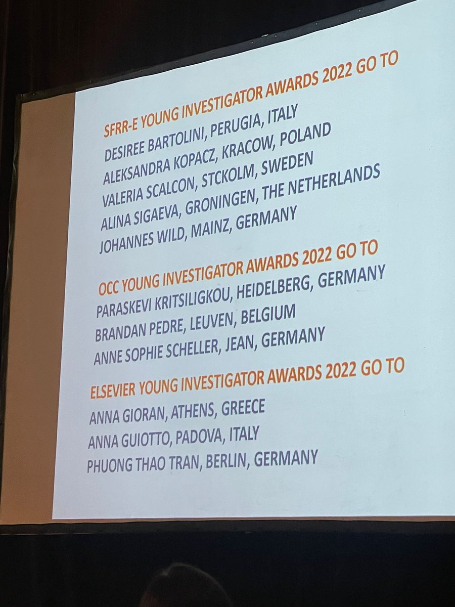 SFRR_Europe's tweet photo. Congratulations to all the Award winners 2022 👏👏👏 You all presented fantastic and exciting redox science! 
Also, congrats to Anna Moseler for winning the Poster Prize of the @POG2022Gent
#RedoxBiologyCongress2022 https://t.co/aOMnJXxkUK