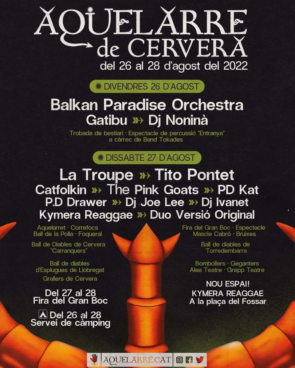 CompanyStas's tweet photo. 8hV
~@FestBioRitme a Torelló: @Auxili_Band,..
~Albaladre a Relleu
~#reggaeperxics #lesquefaltaband a Cruïlles
9hV @alanaireoficial a Llucmajor
2/4d10hN @JoanMasdeu a Palma
10hN Els Pets
a Lloret dMar
F.Major a Manresa i Granollers
2/4d1hN @titopontet a l'@aquelarre_cerve https://t.co/hLY12Us0ie