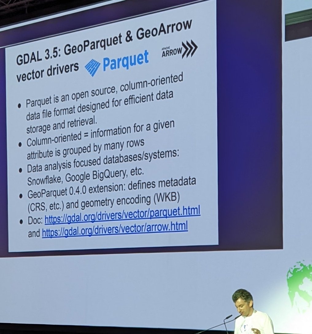 GeoSkeptic's tweet image. . @EvenRouault presents new GDAL features. Zarr and STAC drivers! New unified build system (yay)! GeoParquet and GeoArrow drivers! New JPG-XL codec! 64-bit ints and more! #foss4g2020 @GdalOrg