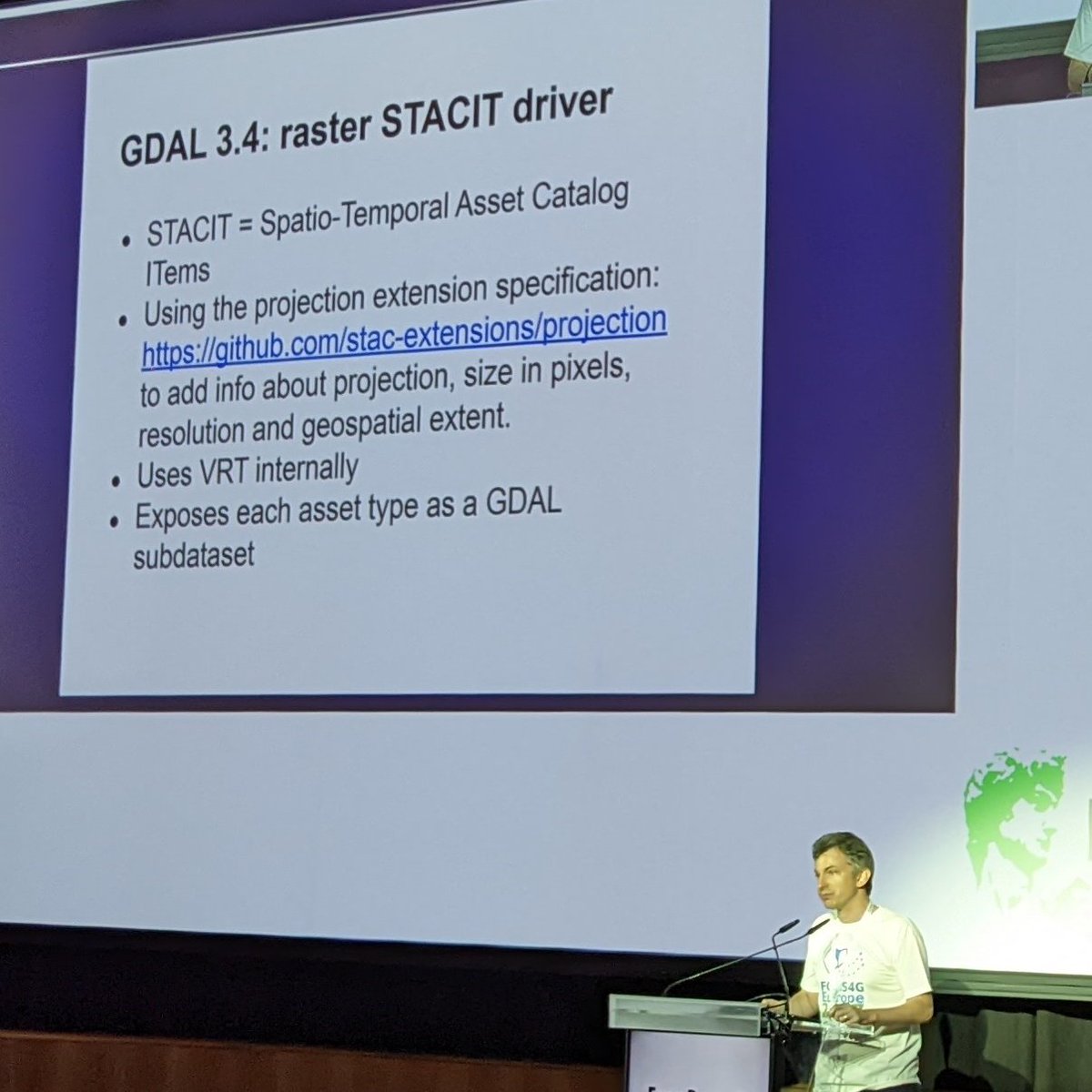 GeoSkeptic's tweet image. . @EvenRouault presents new GDAL features. Zarr and STAC drivers! New unified build system (yay)! GeoParquet and GeoArrow drivers! New JPG-XL codec! 64-bit ints and more! #foss4g2020 @GdalOrg