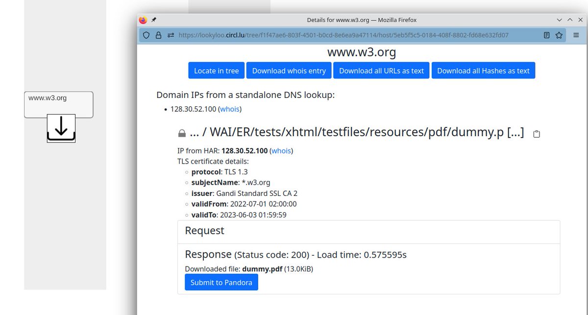 Nice and useful improvements in our Lookyloo services. 

- Mobile browsing is now possible when starting an url capture.
- Downloaded files in Lookyloo can now be submitted to pandora.circl.lu for further analysis.

#infosec #dfir 

x.com/lookyloo_app/s…