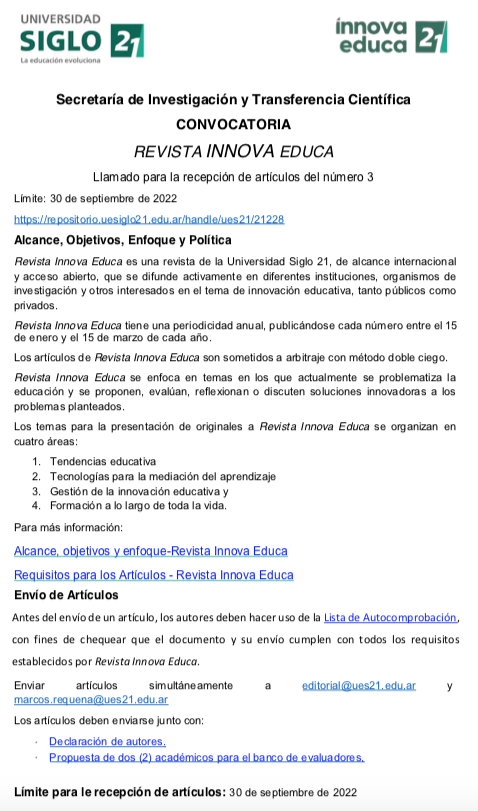 macomaspa's tweet photo. 📣Llamado a artículos para el número 3 de la revista Innova Educa (📲��https://t.co/HulbcAGWZ9)  @marcosrequena1 @debora_brocca @pablorivarola @LauraRossso @Melaniao @daklar https://t.co/qNh2Fzw56v