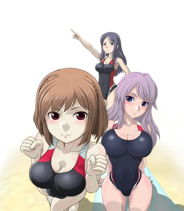 アマ女組も3人揃ったので!ナデちゃんだけアオリ気味で描いてたので、なかなか難儀な並びになりますね…。#アリスギアお絵かき 