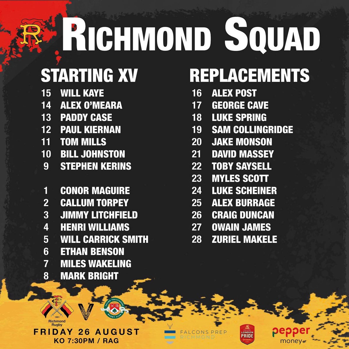 𝐈𝐭’𝐬 𝐠𝐚𝐦𝐞 𝐝𝐚𝐲!

Your Richmond Men’s 1st XV squad to face <a href="/ealingtfrugby/">Ealing Trailfinders</a> has been announced 📣

Tickets are still on sale, click the link below purchase. 
buy.venueserve.com/216350b0-101d-…

#thisisrichmond 💛❤️🖤