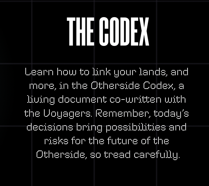 The <a href="/OthersideMeta/">Othersidemeta</a> have teased the linking of lands for the upcoming second voyager trip.

Will this allow the creation of estates, portals between lands, staking, all of the above or something else? 👀

#metaverse #virtualrealestate #Diamondlands