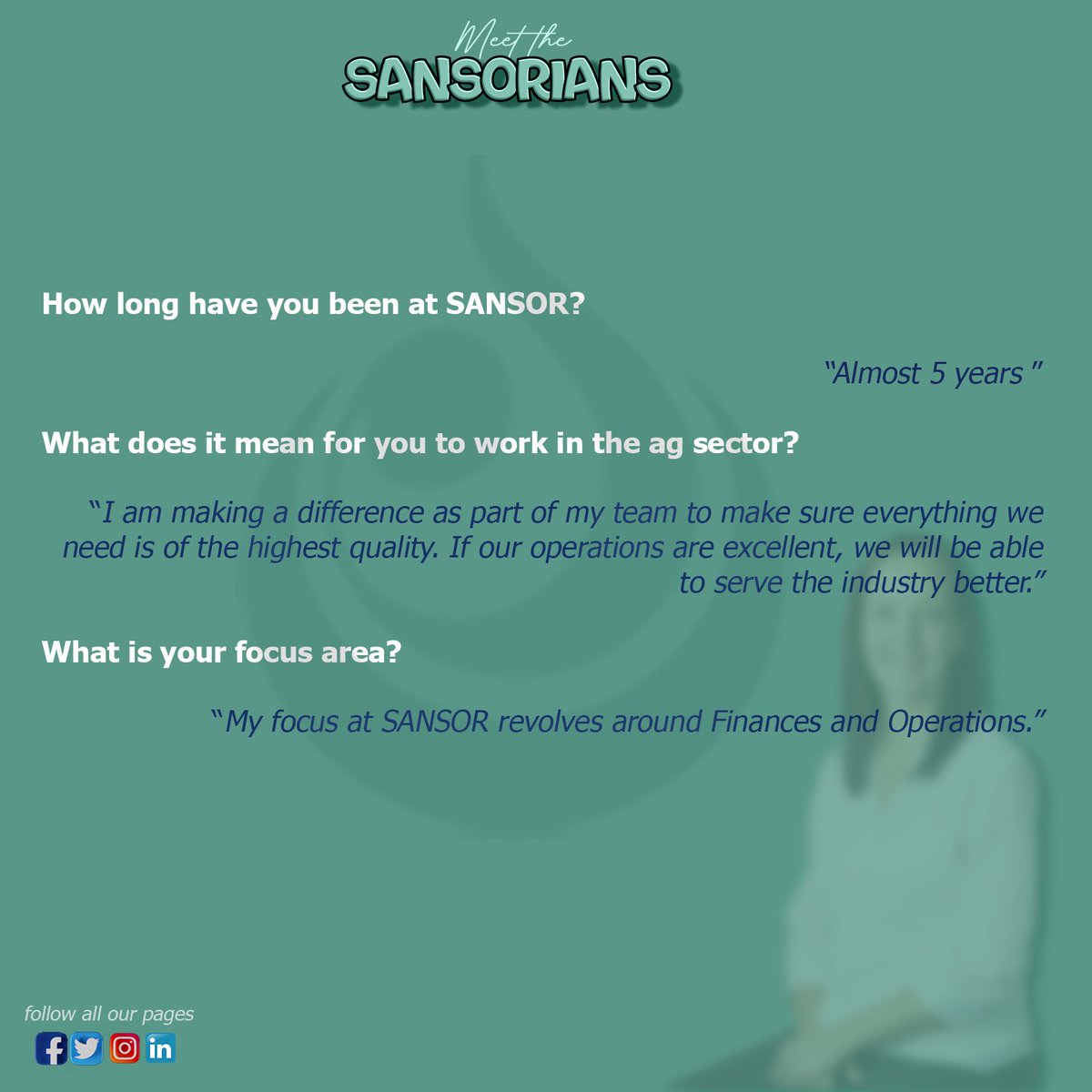 SeedSANSOR's tweet image. Today on MEET THE SANSORians

You get to meet our Financial Manager Janti Oelofsen. 

👇👇View post to read more👇👇

#SANSOR #women #9thAug #womanday #womeninpower #womensday #womeninpower #meetthesansorian #WomensMonth