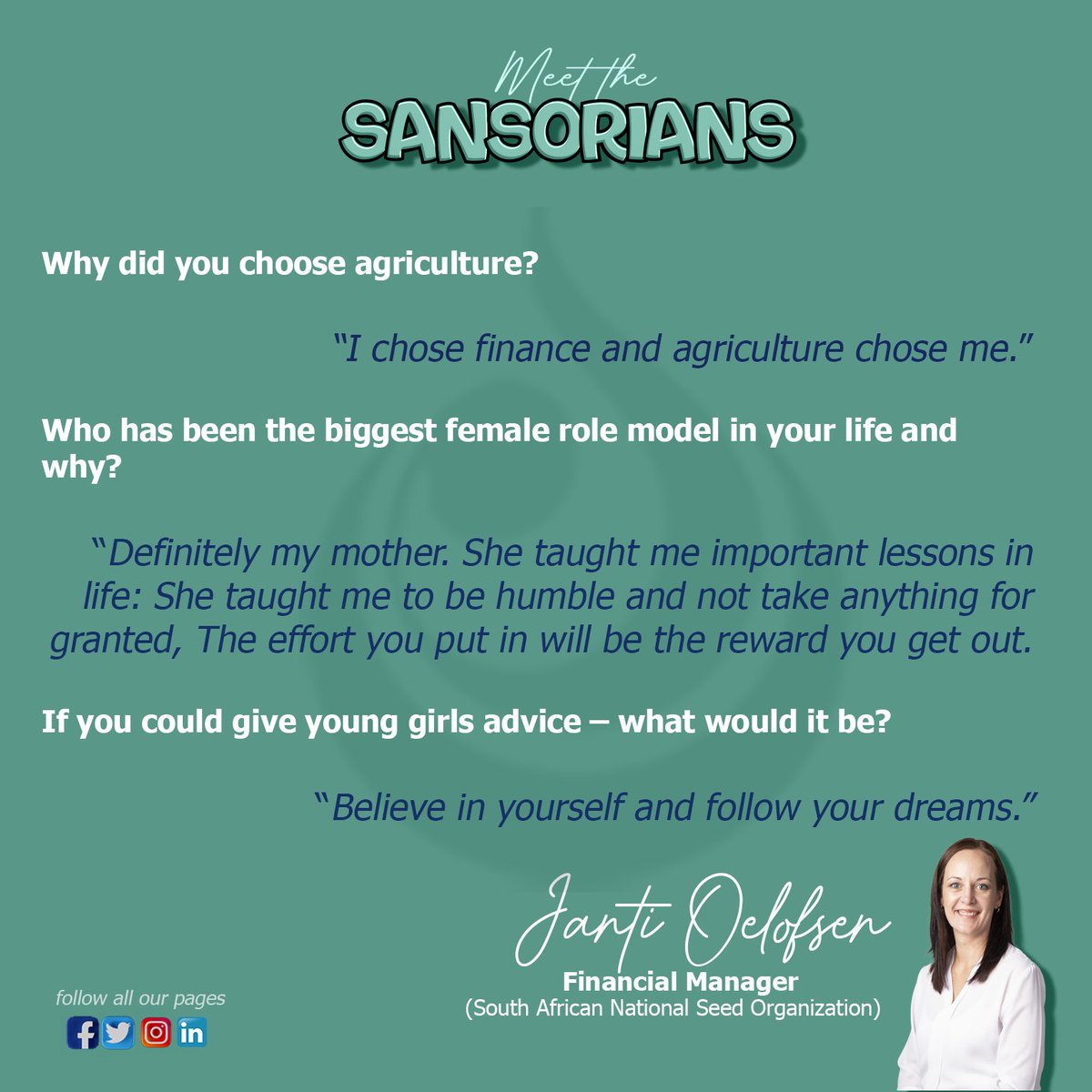 SeedSANSOR's tweet image. Today on MEET THE SANSORians

You get to meet our Financial Manager Janti Oelofsen. 

👇👇View post to read more👇👇

#SANSOR #women #9thAug #womanday #womeninpower #womensday #womeninpower #meetthesansorian #WomensMonth