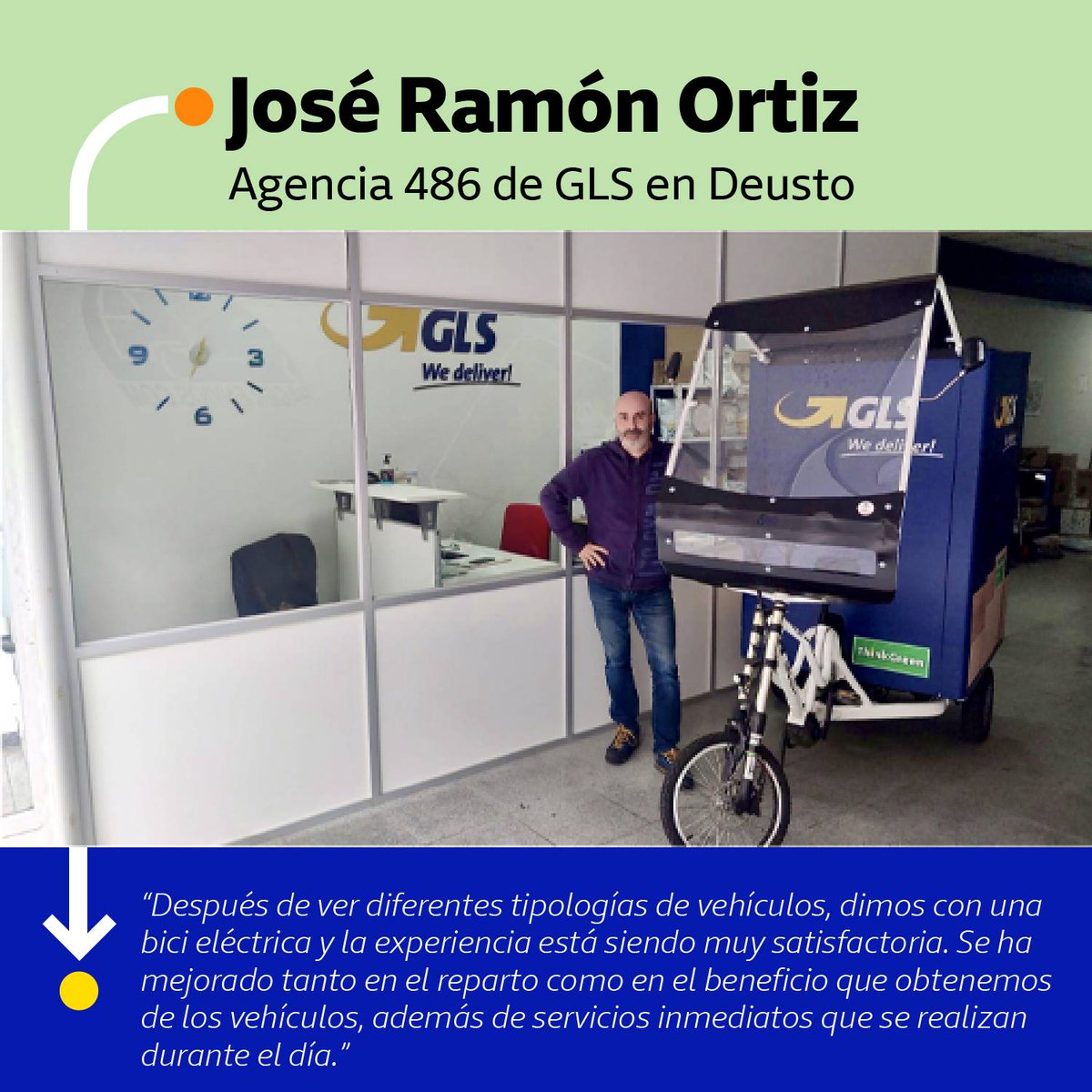 GLS_Spain's tweet photo. "Con el uso de vehículos eléctricos se ha mejorado tanto en el reparto como en el beneficio que obtenemos de los vehículos"

🔌José Ramón Ortiz, de la Agencia 486 de #GLSSpain en Deusto, apuesta por la electrificación para construir ciudades más amables. 🏙️

#ClimateProtect https://t.co/mttbAJrfgv