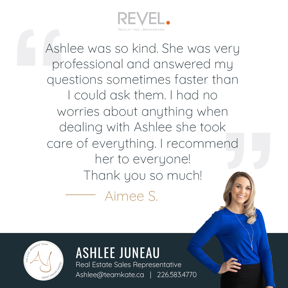 #ReviewOfTheMonth! A great big thank you goes out to Aimee, one of #AgentAshlee's clients for leaving such a nice review of her experience with #TeamKate. #RealEstate #Brantford #Norfolk

Revel Realty Inc. - The Kate Broddick Team
Ashlee Juneau - Real Estate Sales Representative