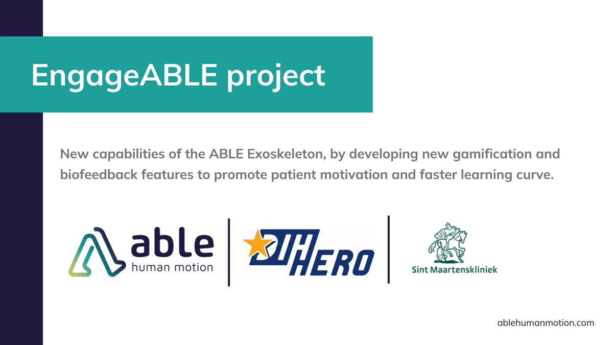 AbleHumanMotion's tweet photo. We are pleased to announce that #EngageABLE, a project of ABLE Human Motion in collaboration with @maartenskliniek, has been awarded by #dih_hero. https://t.co/fBNzbJkMaw