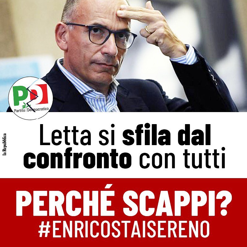 AlessioColzani's tweet photo. 🙈 #LETTA SI #SFILA DAL #CONFRONTO CON TUTTI. PERCHÉ SCAPPI? #ENRICOSTAISERENO

Dopo la decisione del Garante, il segretario del Pd esclude la partecipazione a un dibattito allargato a tutti i leader.

Io ci #credo! 🇮🇹 #iovotoLega 🗳️ #25settembrevotolega https://t.co/o6yX3mtQt4