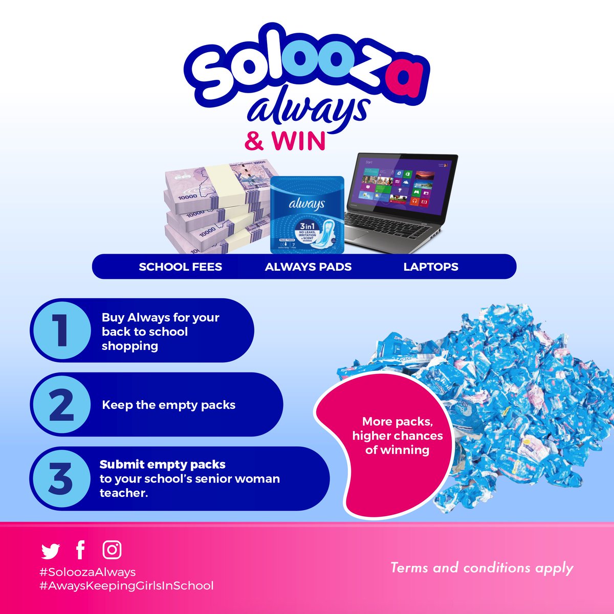 cta_space's tweet photo. Always is Rewarding!!! Buy Always as you shop back to sch to win school fees, laptops &amp; pads for a full year. Keep the empty packs &amp; return to school with them to deliver to your senior woman teacher for counting, to determine winners. #SoloozaAlways #AlwaysKeepingGirlsInSchool https://t.co/YE2TpYYgTA