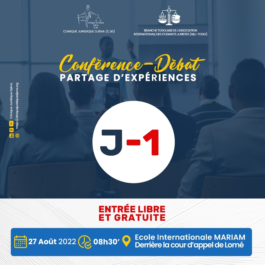 aiej_togo's tweet photo. Plus qu'1 jour pour vous inscrire et participer à cette séance de partage d'expériences.
Êtes-vous prêts ?
Lien d'inscription : https://t.co/S2lMLwNqBP
#cliniquejuridiquedjena
#AiejTogo
#Conferencedebat
#Partagedexpériences #EcoleInternationaleMariam https://t.co/hLbRz0RfXy